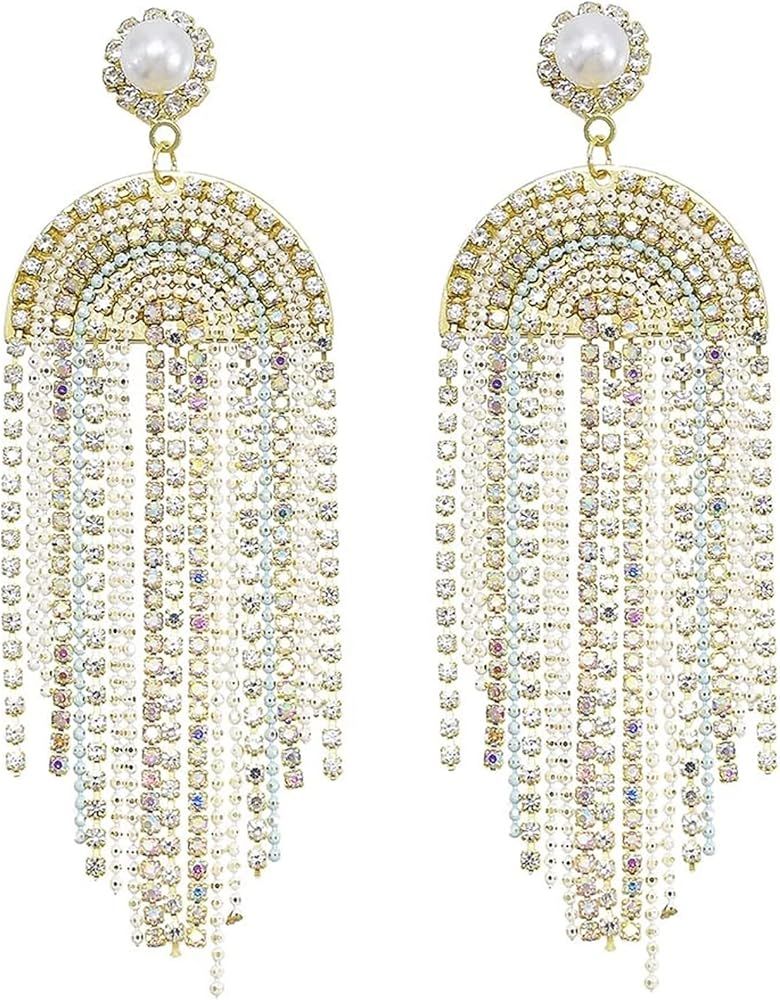 NSLS Rhinestone Chandelier Tassel Earrings Sparkling Waterfall Statement Drop Earrings Long Tasse... | Amazon (US)