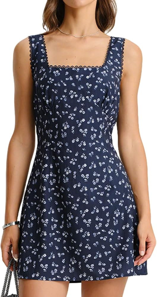 RIHOAS Plaid Gingham Mini Dress, Square Neck Spaghetti Strap A-Line Retro Dress for Fall Summer W... | Amazon (US)