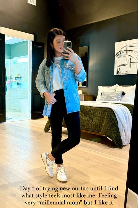  Comfy casual outfit for an early dinner with the family. Denim shirt jacket isn’t available in this color, but there is a similar color option - I wear a medium. Tee- size down. I’m in a small. Jeans are not available anymore but they are AF skinnies  

#LTKstyletip #LTKmidsize #LTKsalealert