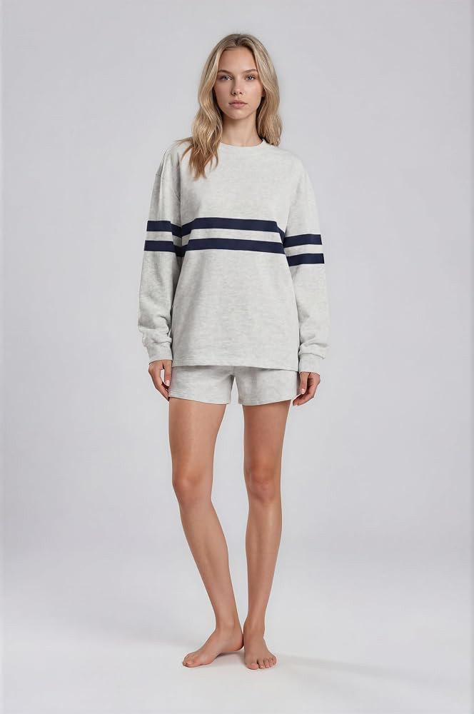 Almere Women's Varsity Set, 100% Cotton, Long Sleeve Crewneck Top and Matching Shorts | Amazon (US)