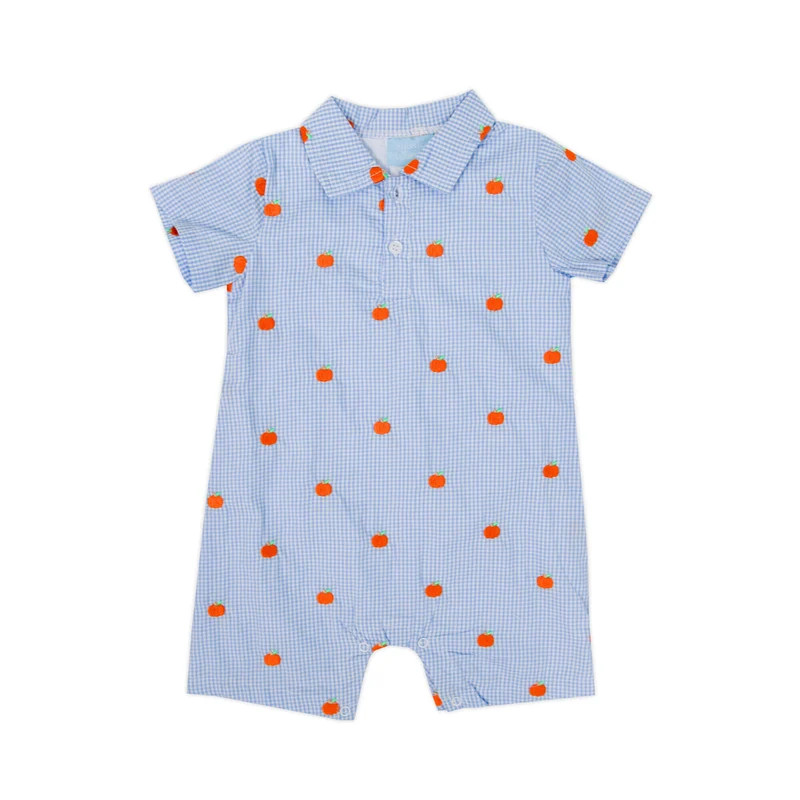 Pumpkin Schiffli Light Blue Gingham Polo Romper | Classic Whimsy