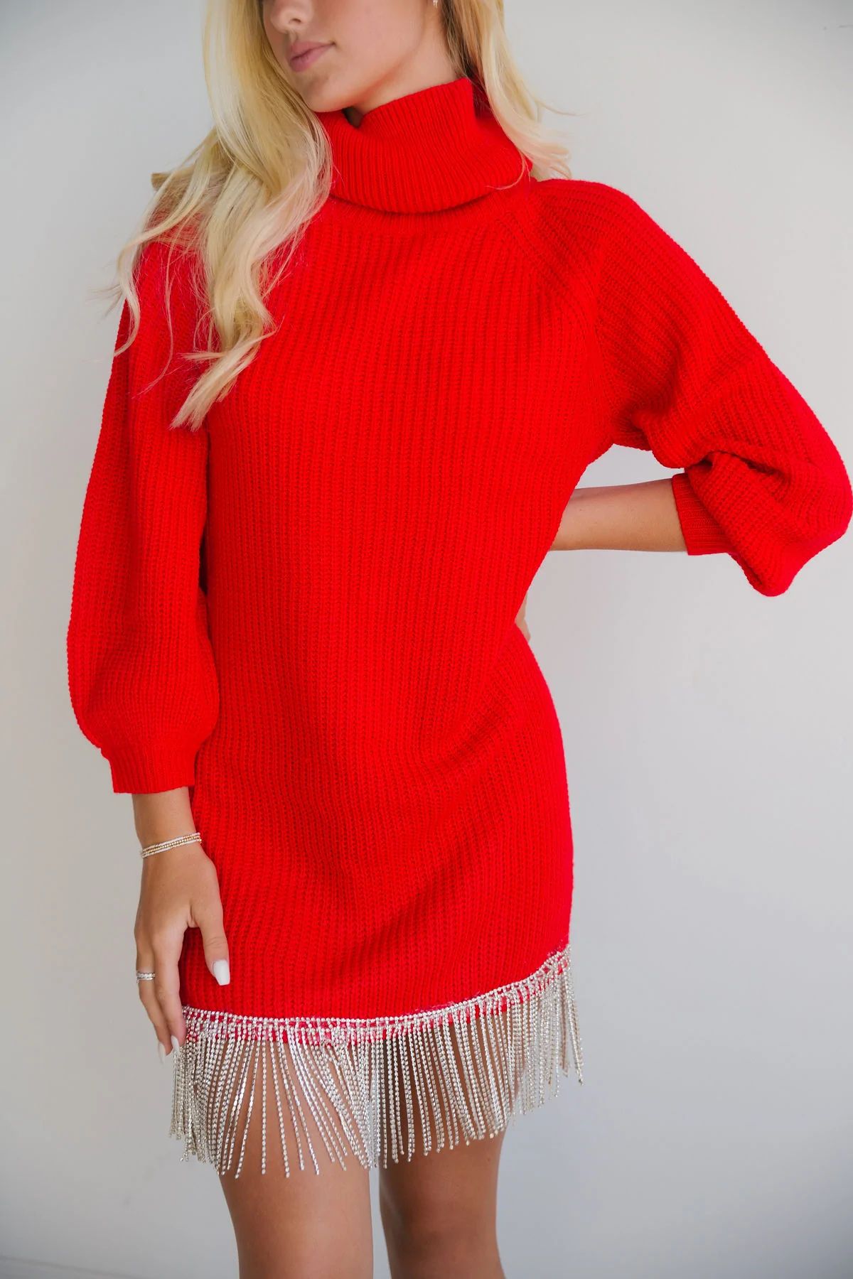 RED SWEATER DRESS WITH SILVER TRIM | Judith March