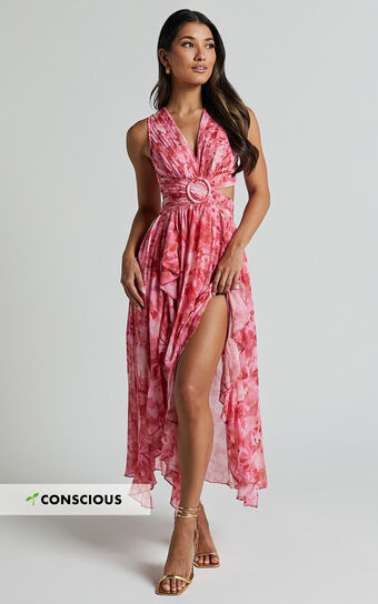 Marga Maxi Dress - Plunge Ruffle Detail Cut Out Dress in Petal Paradise | Showpo (US, UK & Europe)
