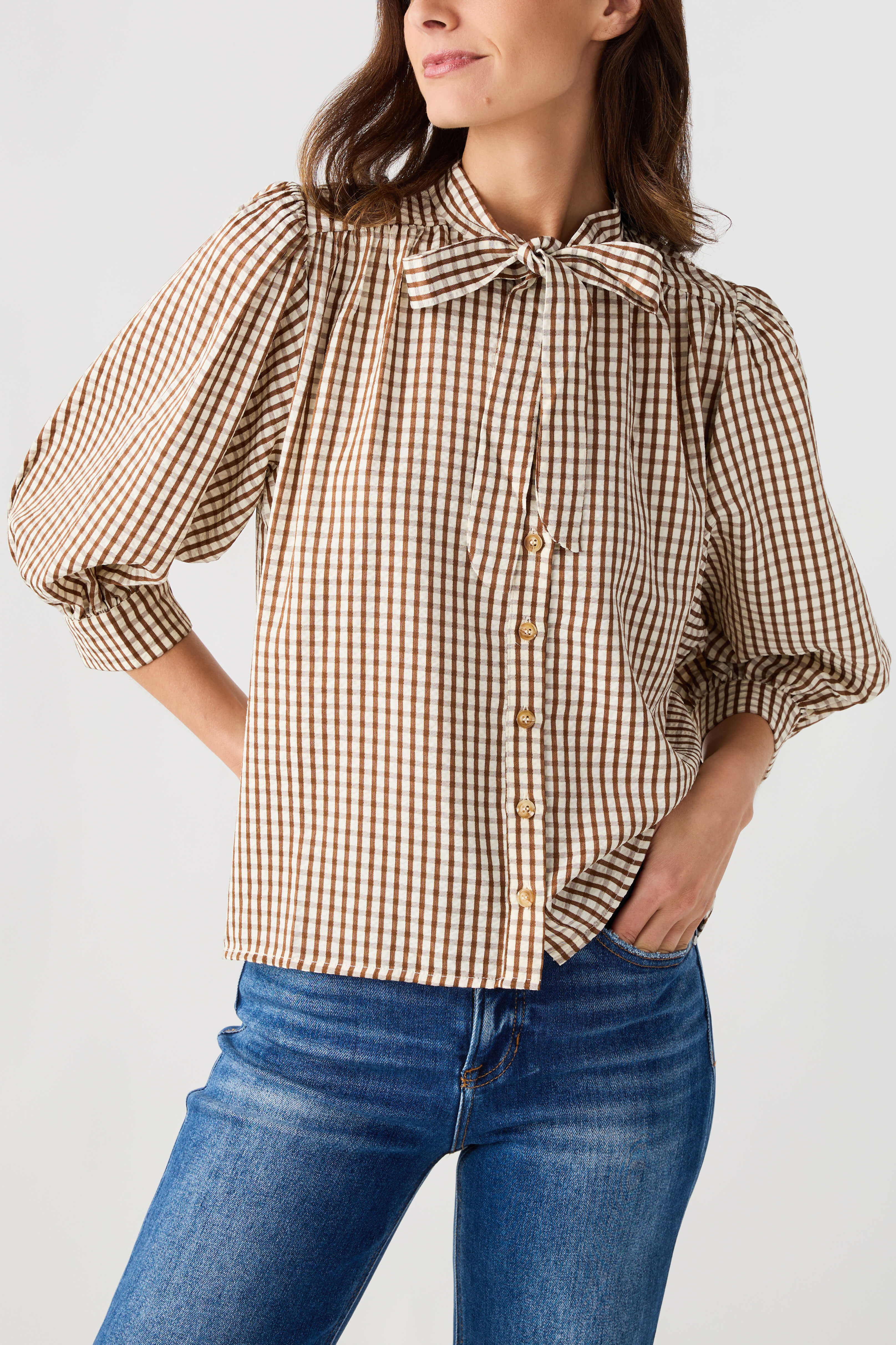THML Gingham Tie Neck Blouse | Social Threads