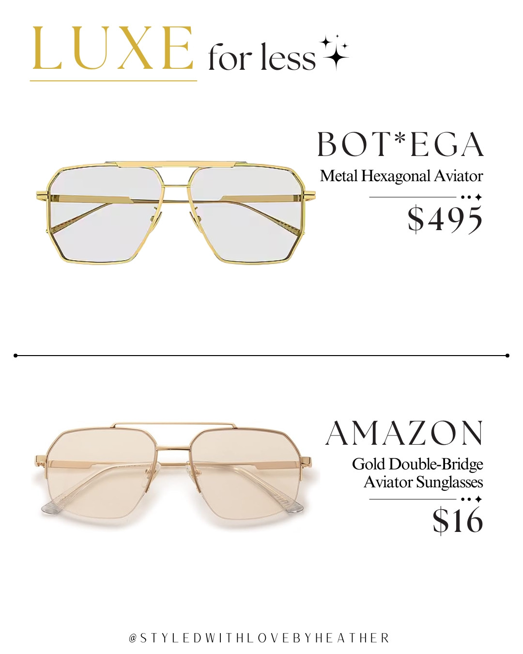  These are giving expensive without the expensive part. 😎✨ I love the oversized gold aviator shape on the Amazon pair—it has that bold designer energy for $16 instead of $495. Would you splurge or save? Comment your pick + shop my affordable find through the link!

#LTKdayinmylife #LTKootd #LTKSaleAlert