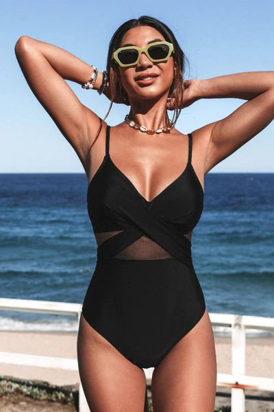 Forest Adventure Solid Mesh Wrap Front Cutout Black One Piece Swimsuit | Cupshe US