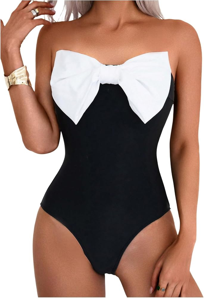 WDIRARA Women's Bowknot Strapless One Piece Swimsuit Colorblock Bandeau Bathing Suit with Removab... | Amazon (US)