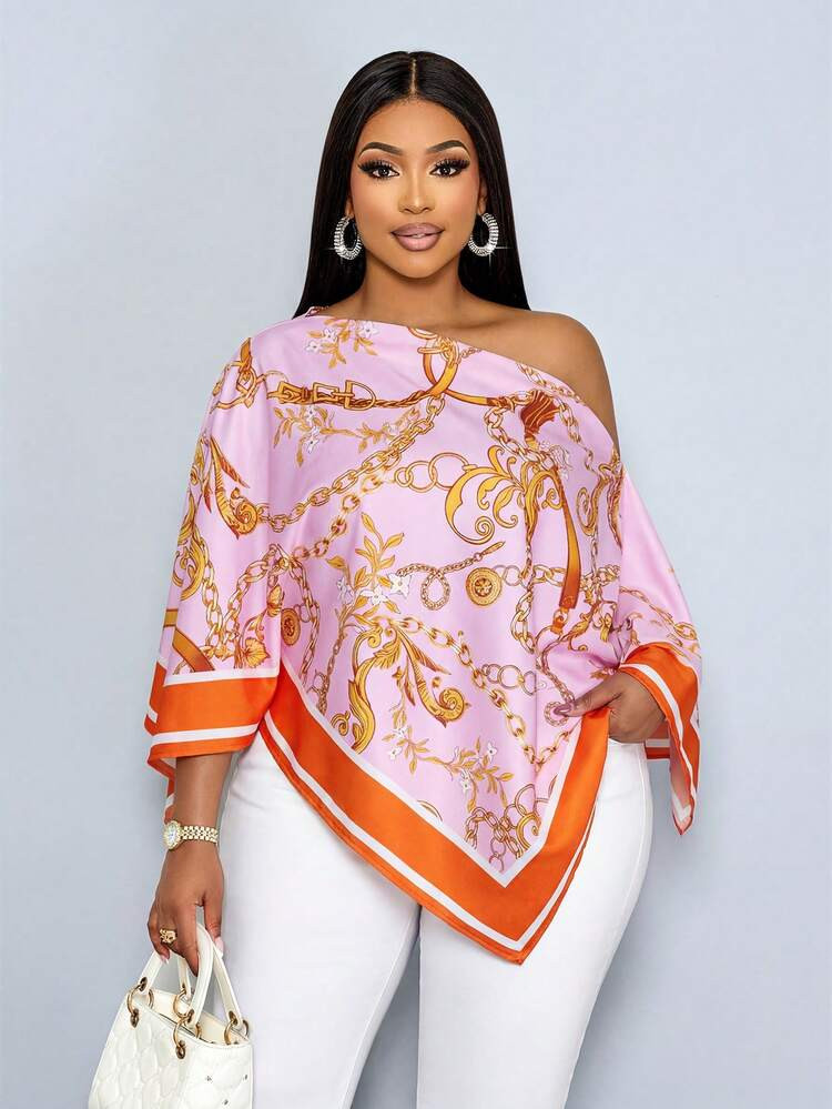 SOLERSUN Plus Size Women's Spring And Summer Fashionable, Elegant, Casual And Sexy Vacation Shirt With Half Sleeves, Raglan Sleeves, Slanted Shoulder, Off Shoulder, Asymmetrical Shoulder Hem, Irregular Square Scarf Hem, Woven Pink, Orange, Yellow Chain, Retro Vintage Money Positioning Print, Suitable For Daily Dressing, Shopping, Dating, Music Festivals, Island Vacation, Old Money Vacation,Holiday,Resort Scarf Top Curve Blouses Plus Size Women Clothes Blouse Church Tops For Women | SHEIN