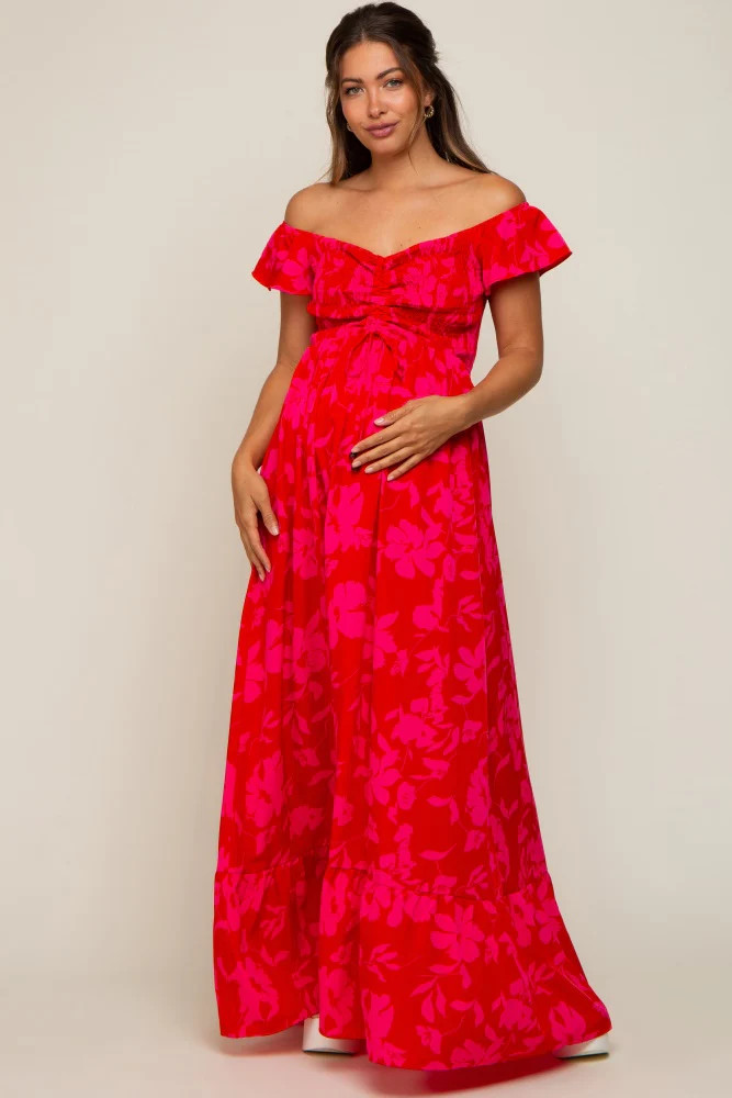 Red Floral Smocked Cinched Top Maternity Maxi Dress | PinkBlush Maternity