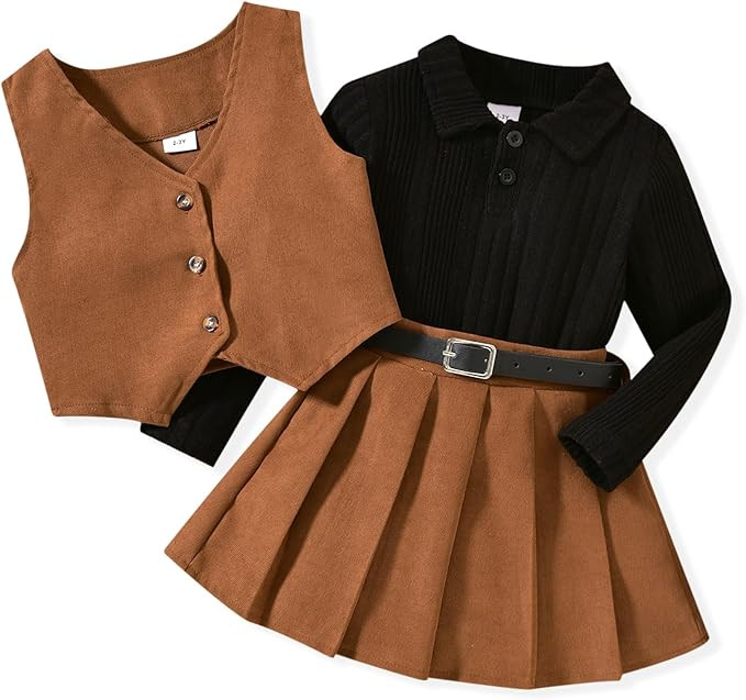 HINTINA Toddler Little Girl Sleeveless Button Vest Ribbed Long Sleeve Collar Top And Pleated Skir... | Amazon (US)