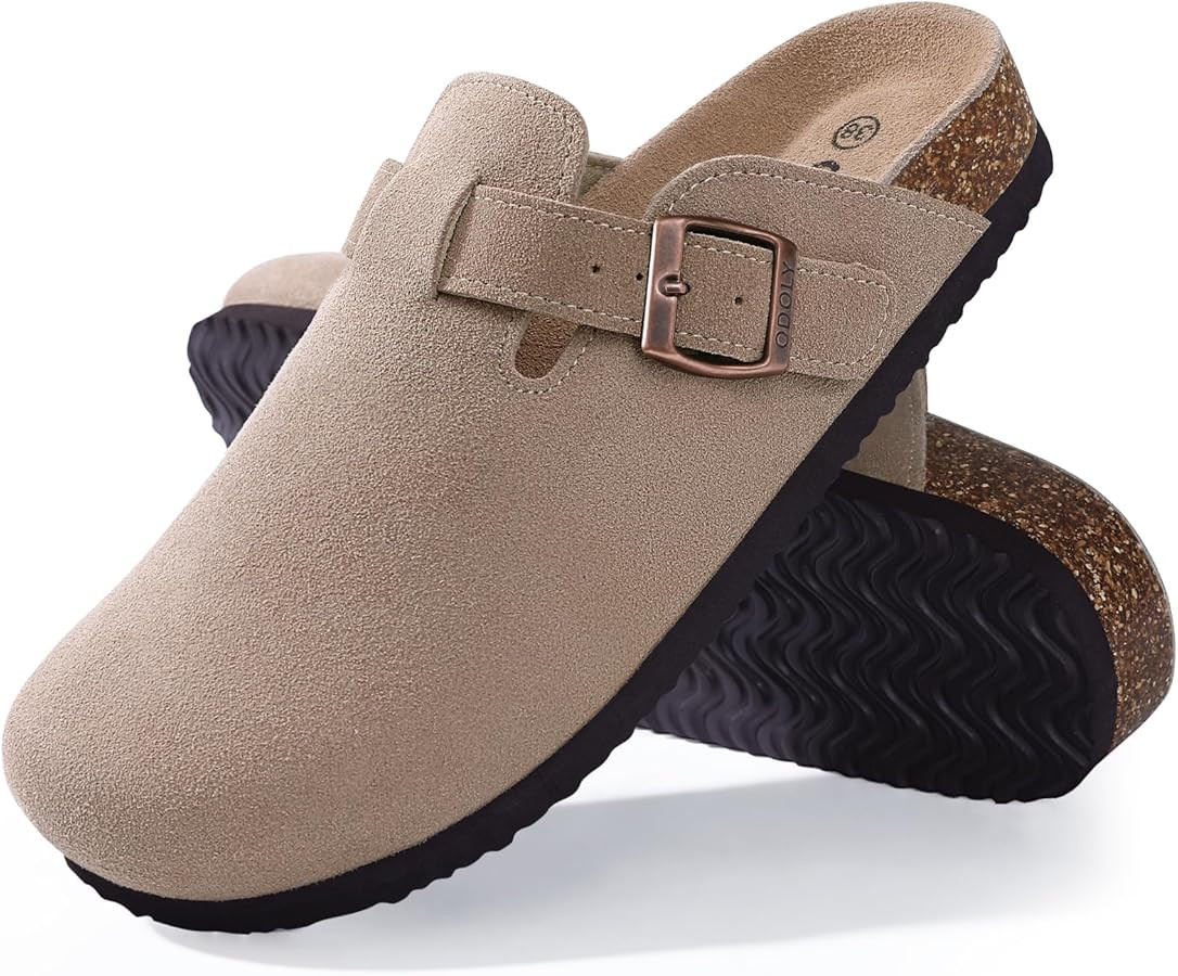Women's Suede Clogs Soft Cork Footbed Leather Mules Comfort Potato Shoes with Arch Support | Amazon (US)