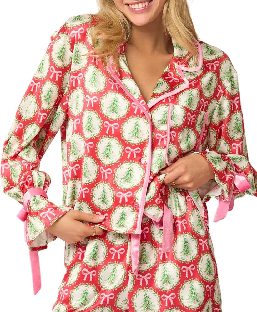 Argeousgor Christmas Pajamas for Women Bow Tie Long Sleeve Shirt Shorts Satin Silk Funny Graphic ... | Amazon (US)