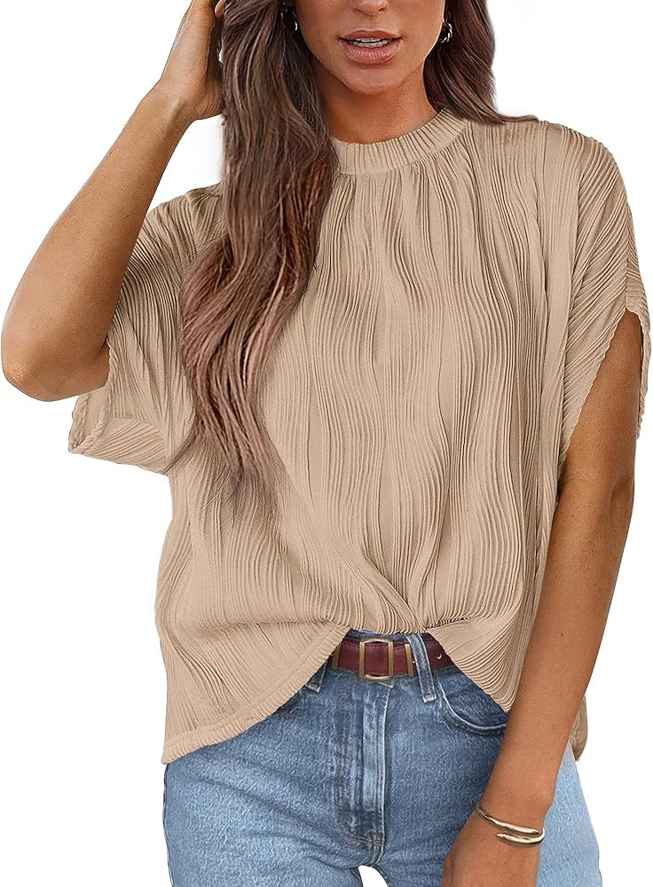 PRETTYGARDEN Women's Tops 2025 Summer Casual Crewneck Short Sleeve Textured Shirts Going Out Work... | Amazon (US)