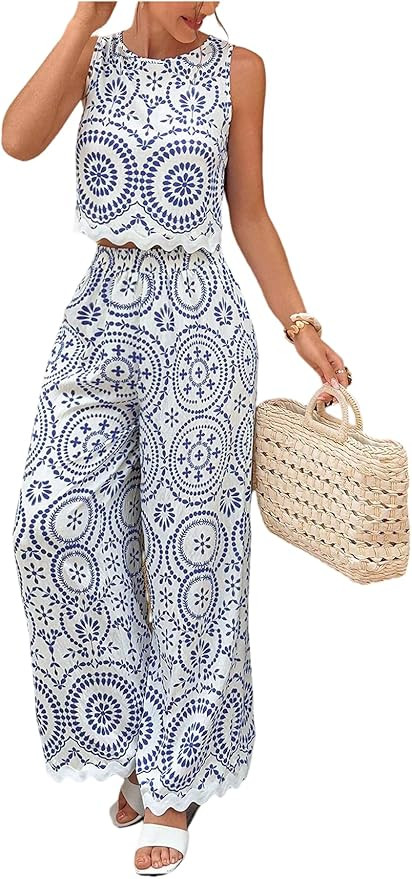 WDIRARA Women's Boho 2 Piece Pants Outfits Sleeveless Crop Tank Top Set Vacation Beach | Amazon (US)
