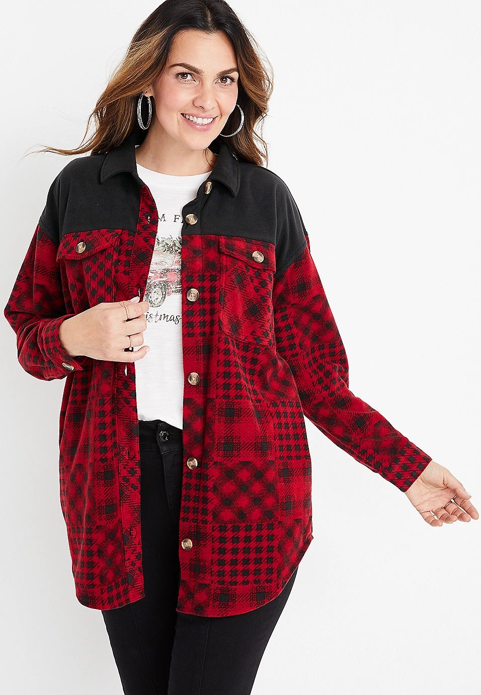 Red Patchwork Fleece Shacket | Maurices