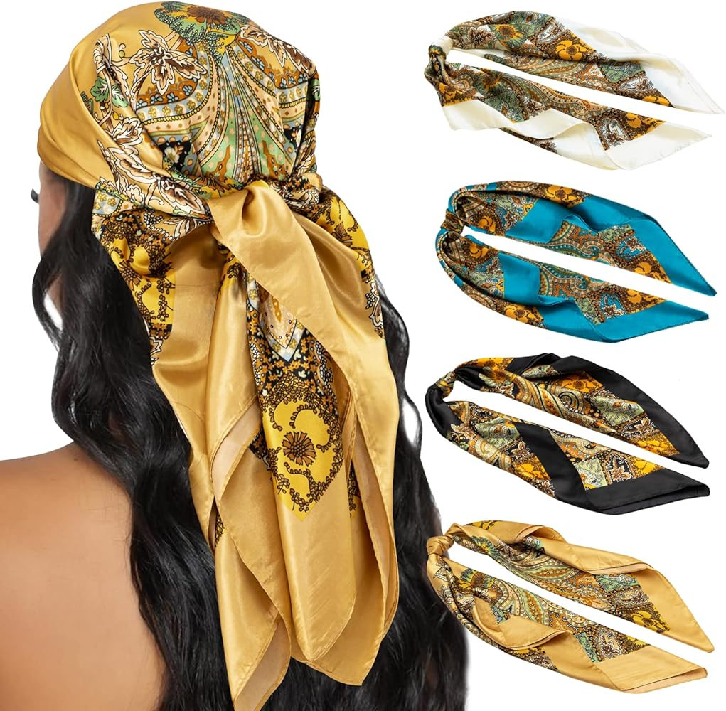 HBselect 4PCS Head Scarf for Women 35” Head Scarves Silk Like Satin Neck Scarfs Square Bandana ... | Amazon (US)