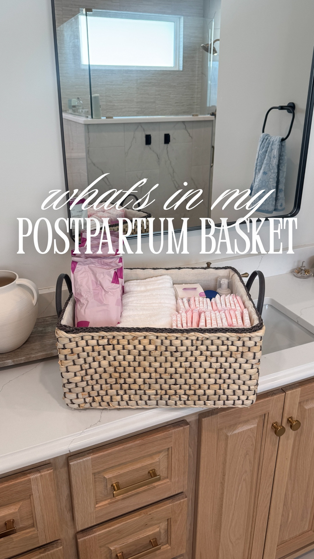 All the postpartum care items I bought for home after I have my baby! Everything from diapers, to pads, ice packs, and items that make everything calmer!

The basket is from the container store and perfect for storing everything I need!
