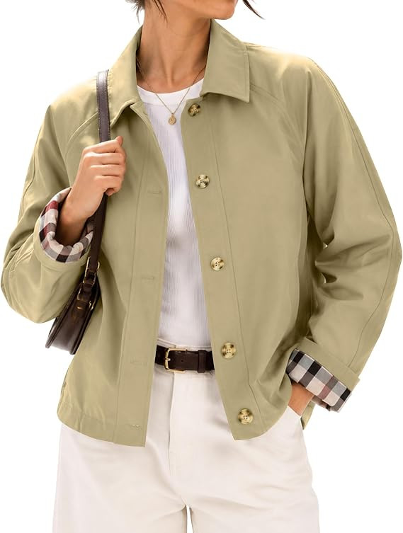 LOMON Womens Short Trench Jacket Plaid Lining Button Front Lightweight Classic Casual Outerwear w... | Amazon (US)
