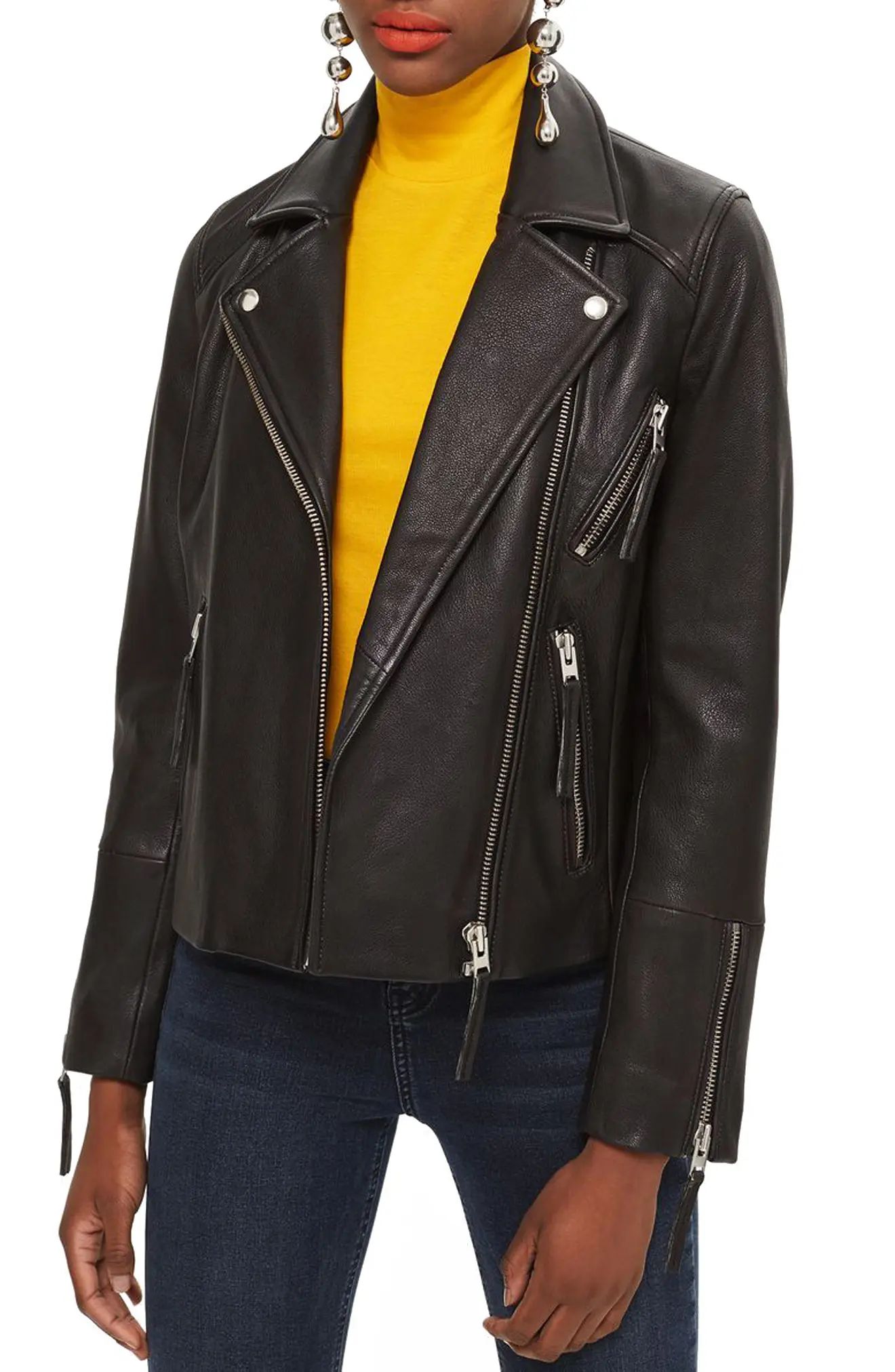 Women's Topshop Dolly Leather Biker Jacket, Size 2 US (fits like 0) - Black | Nordstrom