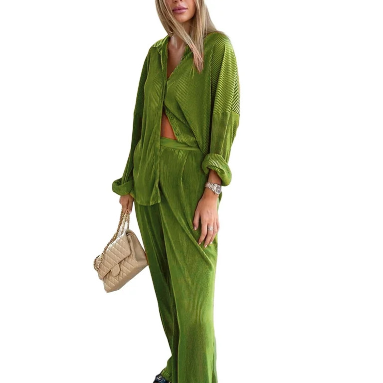 Women’s Casual 2 Piece Outfits, Pleated Shirt + High Waist Pants Set | Walmart (US)