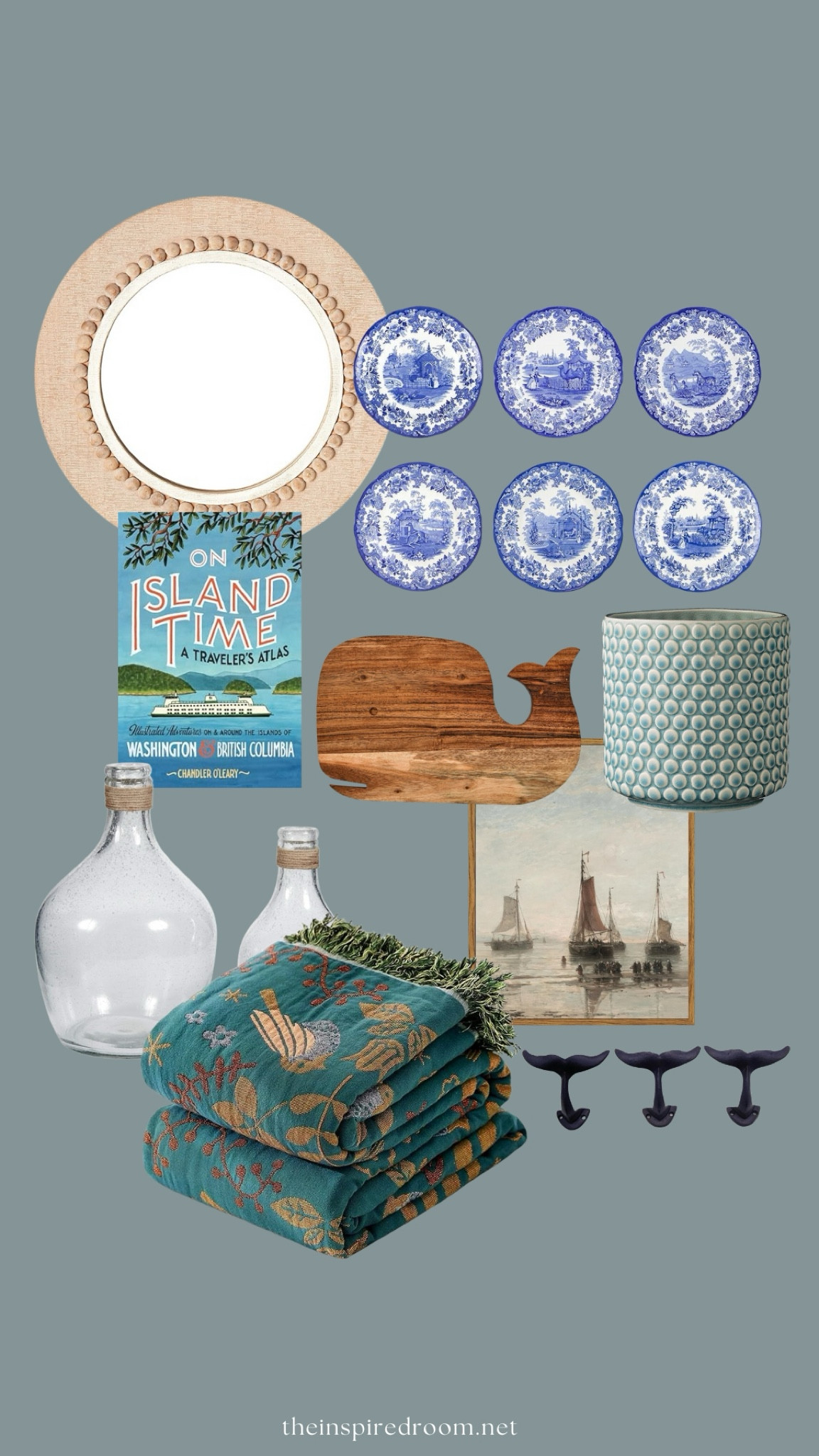 Summer decor mood board mirror blue white spode plates whale serving board planter ship art bottles throw blanket whale hooks coffee table book 

#LTKHome #LTKSeasonal #LTKStyleTip