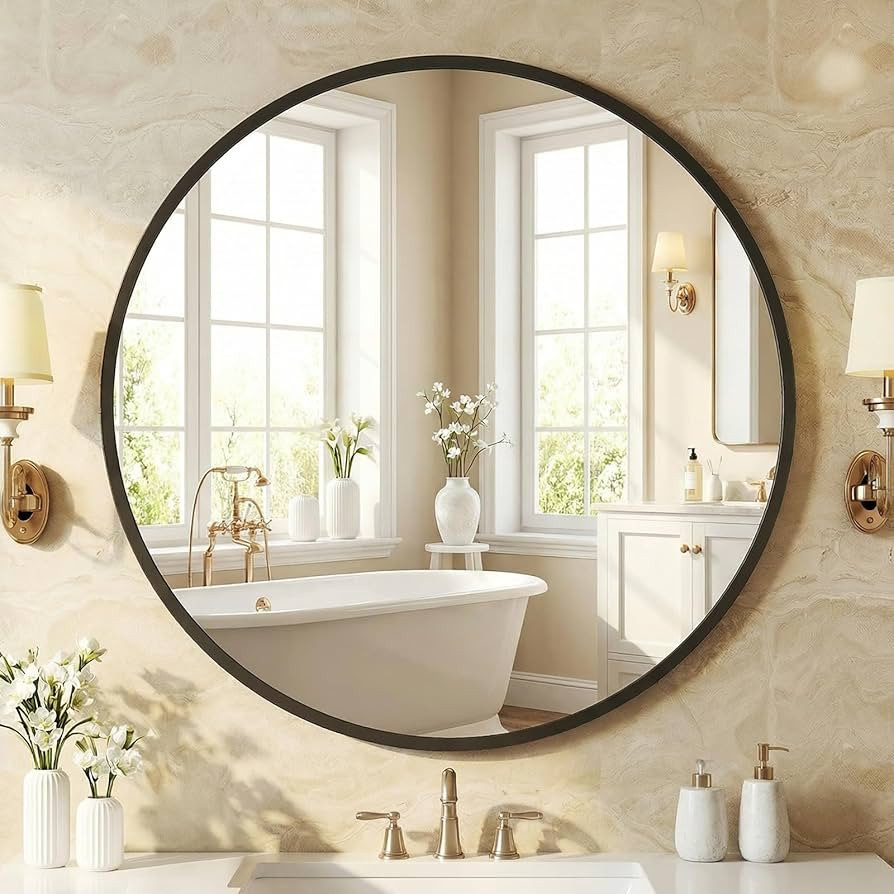 NEWBULIG 30 Inch Round Wall Mirror, Bathroom Mirror for Over Sink, Matte Metal Framed Circle Vani... | Amazon (US)