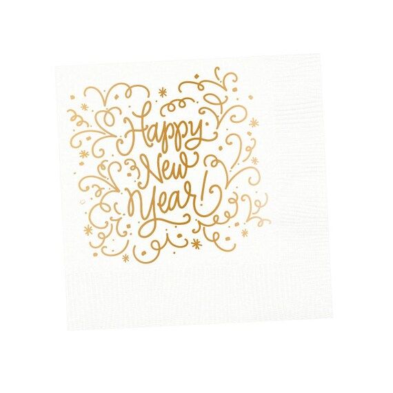 Napkins | Happy New Year (white w. gold foil) | Etsy (US)