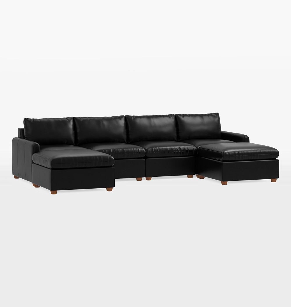 Roswell Leather 6-Piece Double Ottoman Sectional Sofa, Luxe - Mont Blanc Midnight | Rejuvenation