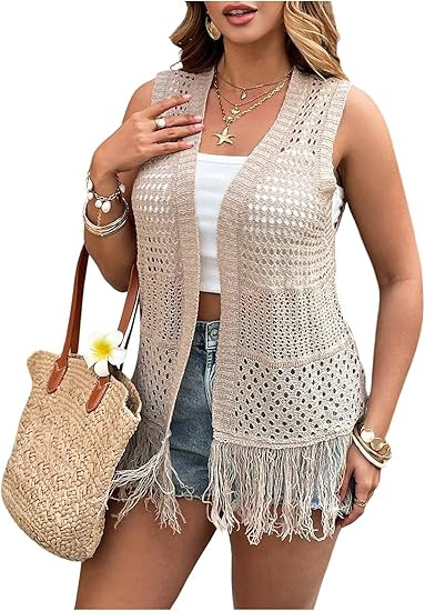 Women's Plus Size Boho Fringe Sleeveless Cardigan Open Front Hollow Out Crochet Knit Vest | Amazon (US)