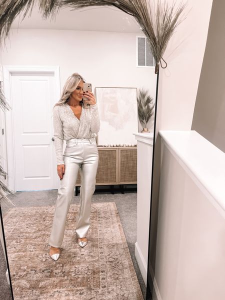 Holiday party look- silver edition! Love love love these pants. They are so gorgeous and fit so well! I got a four but would prefer a 6. This bodysuit is also fabulous and under $30!

#LTKCyberWeek #LTKHoliday #LTKSeasonal