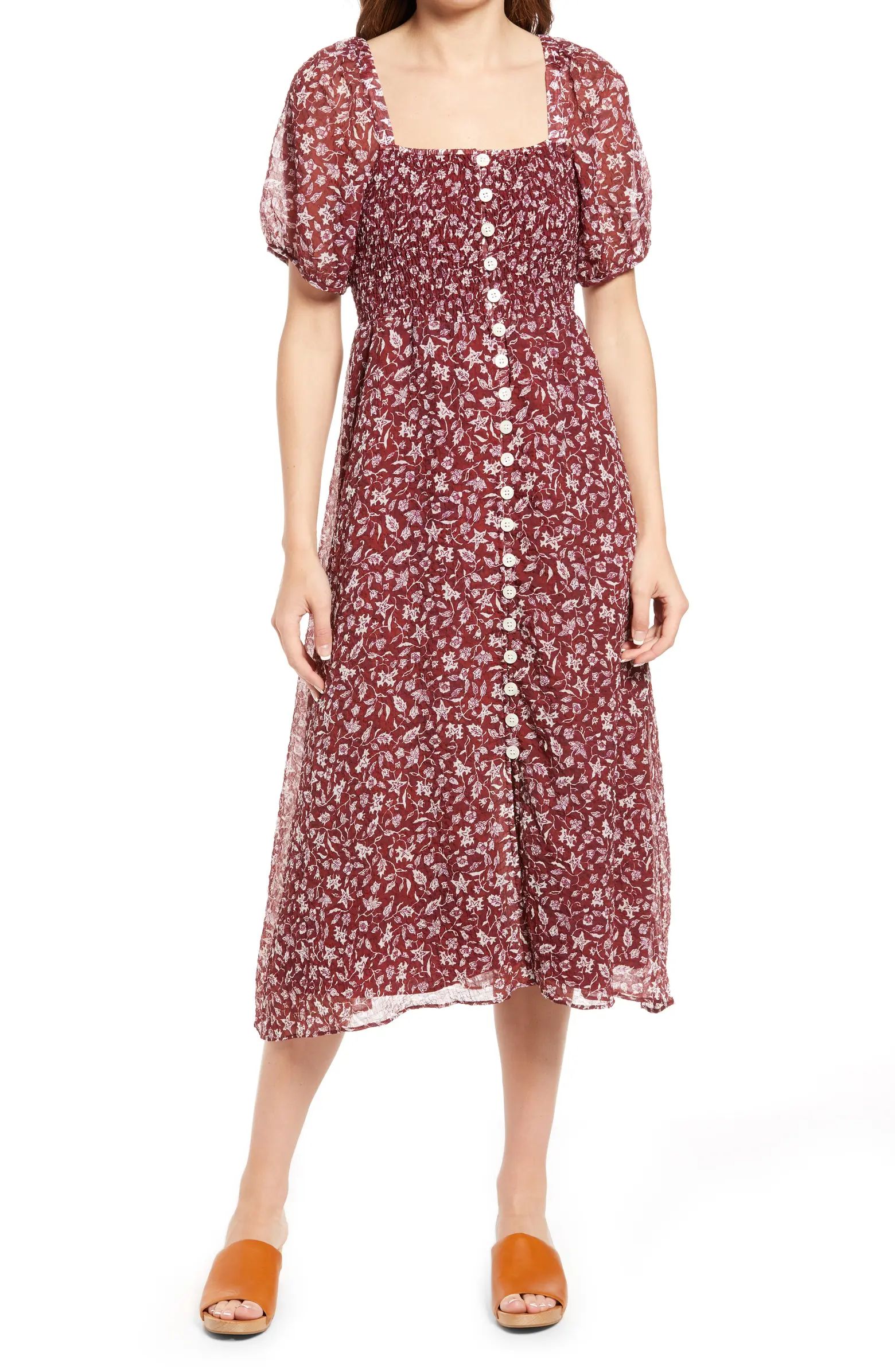 Lucie Smocked Button Front Midi Dress | Nordstrom