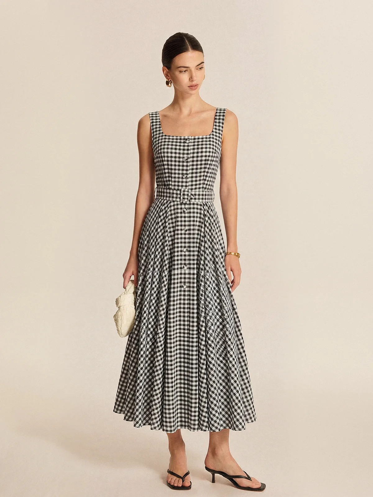 Gingham Cotton Belted Sleeveless Maxi Dress | Commense