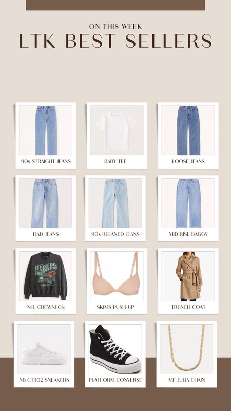 LTK Best Sellers from the past week! 

Abercrombie jeans, abercrombie denim, 90s straight jeans, 90s relaxed jeans, baggy jeans, loose jeans, baby tee, fall fashion 2023, eagles sweatshirt, NFL merch, NFL crewneck, skims push-up bra, skims bras, trench coat, new balance sneakers, platform converse, chain necklace
