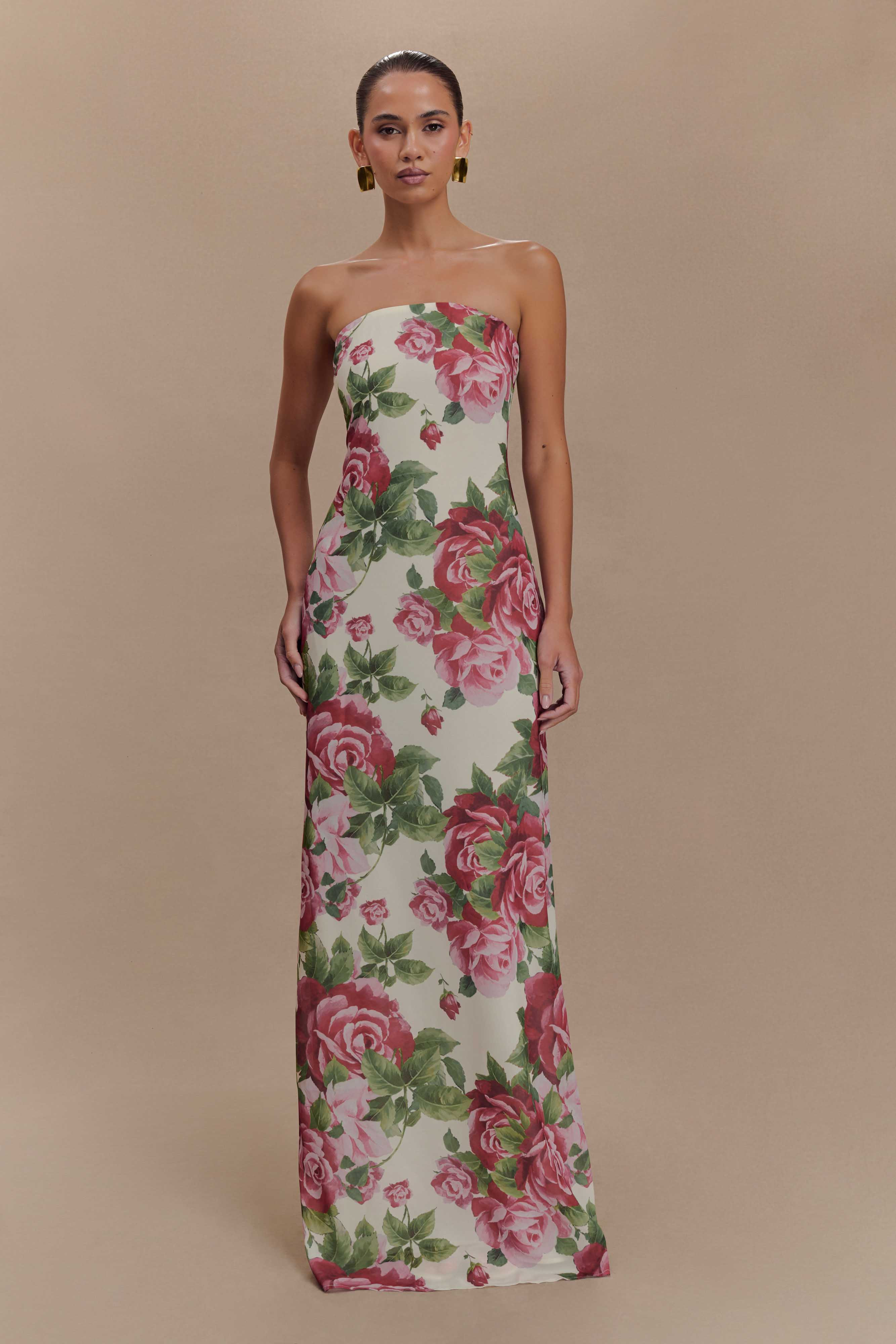 Strapless Chiffon Maxi Dress - Sonia Rose Print | MESHKI US
