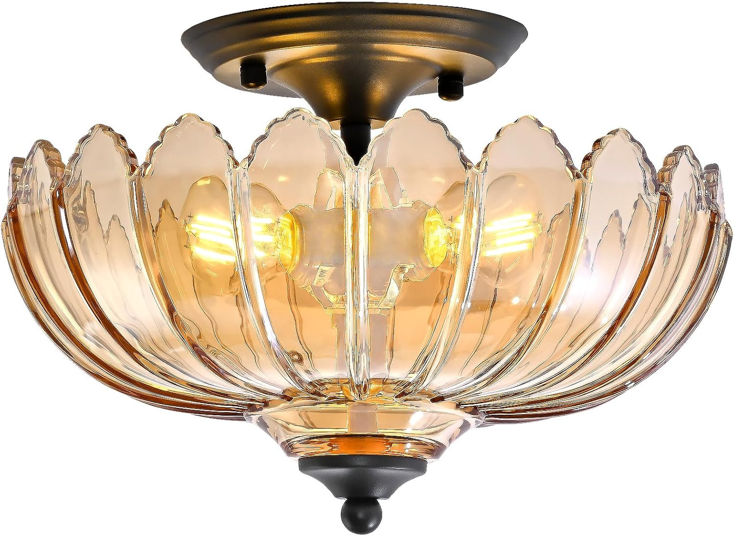 Amber Glass Ceiling Light Fixture - Handcrafted Art Glass Semi Flush Mount with 3 E26 Bulb Sockets, Warm Amber Shade Lighting for Living Room Dining Room Hallway, Vintage Indoor Chandelier | Amazon (US)