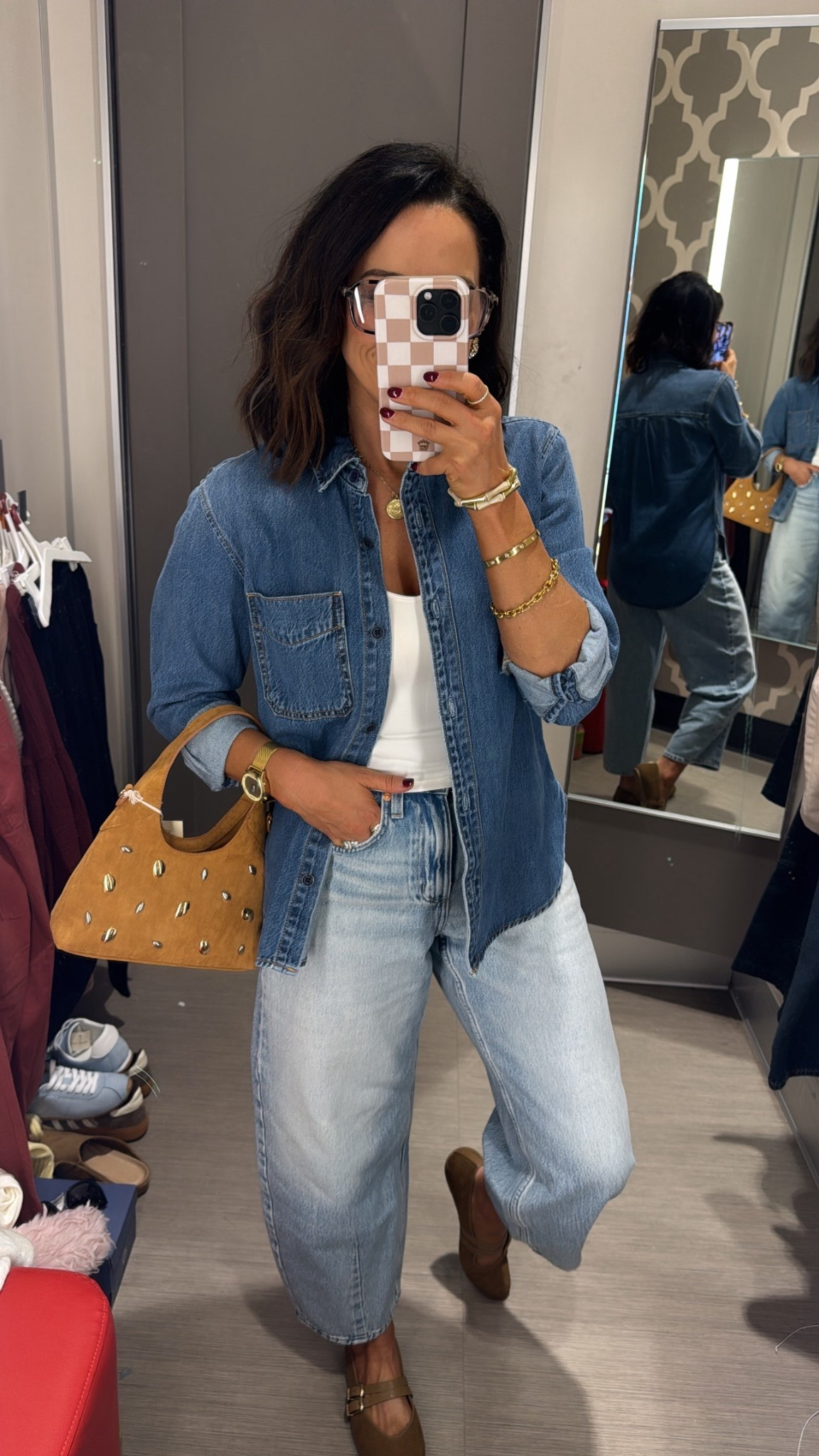 I love a denim on denim look, especially when going into spring! 
Suede bag, purse, denim shirt, barrel leg jeans, ballet flats, casual outfit inspo, busy mom outfit, easy outfits, VintagePickin

#LTKSeasonal #LTKootd #LTKmomlife