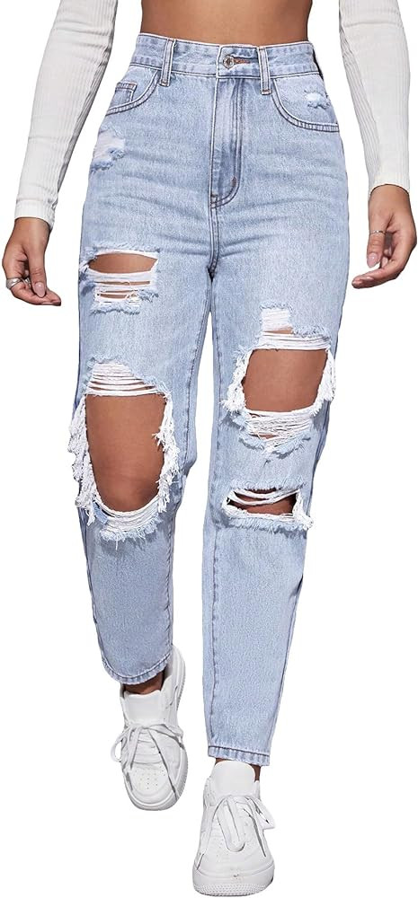 Floerns Women's High Waist Boyfriend Straight Leg Ripped Jeans Distressed Denim Pants Ice Blue | Amazon (US)