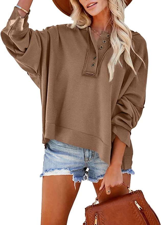 Amazon.com: HOTAPEI Long Sleeve Hoodie for Women Autumn Solid Button Neck Knitted Sweatshirts Cas... | Amazon (US)