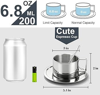 ZENFUN 4 Pack 6.8 oz Coffee Cups Set, 18/8 Stainless Steel Espresso Cup with Saucer and Spoon, Cu... | Amazon (US)