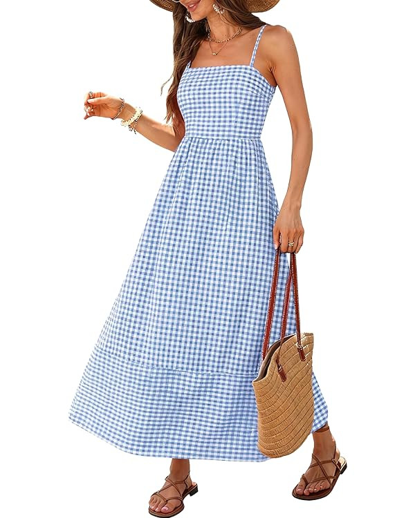 Caracilia Womens Maxi Dresses Gingham Spaghetti Strap Back Smocked Flowy Long Sundress Summer Bea... | Amazon (US)