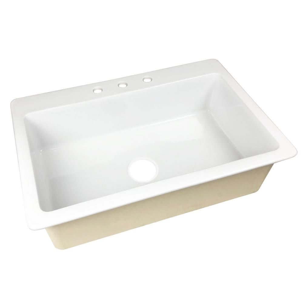 Jackson Drop-in Fireclay 33 in. 3-Hole Single Bowl Kitchen Sink in Crisp White | The Home Depot