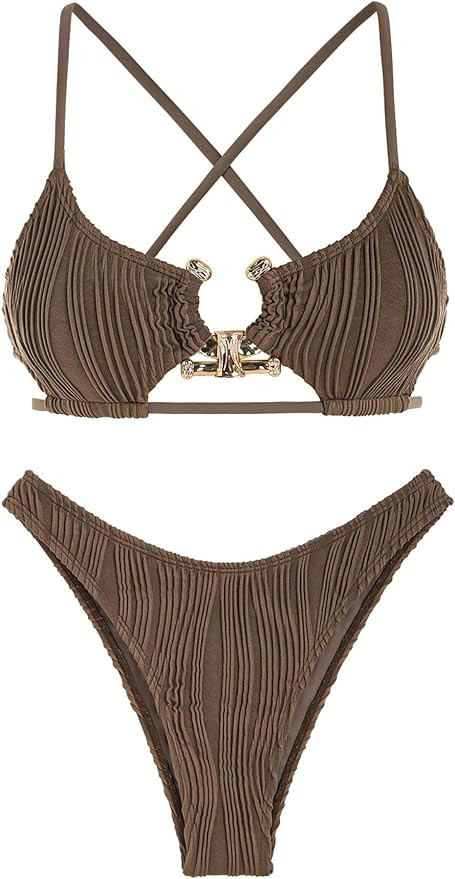 ZAFUL Women's Sexy Cutout Bikini Set High Cut Textured Metal Ring Cheeky Swimsuit Two Piece Bathi... | Amazon (US)