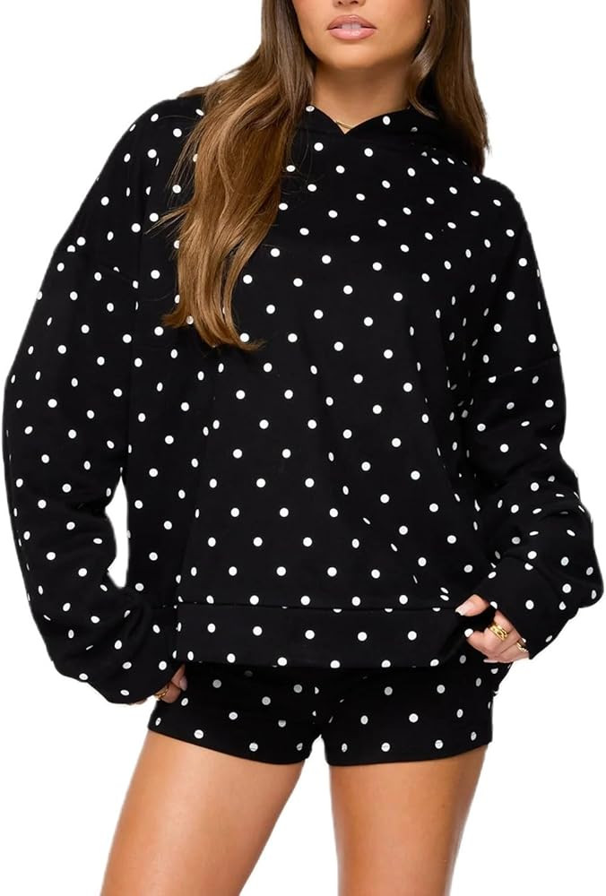 Women Polka Dot Hoodie Shorts Set Long Sleeve Oversized 2 Piece Sweat Set Casual Y2k Sweatshirt M... | Amazon (US)