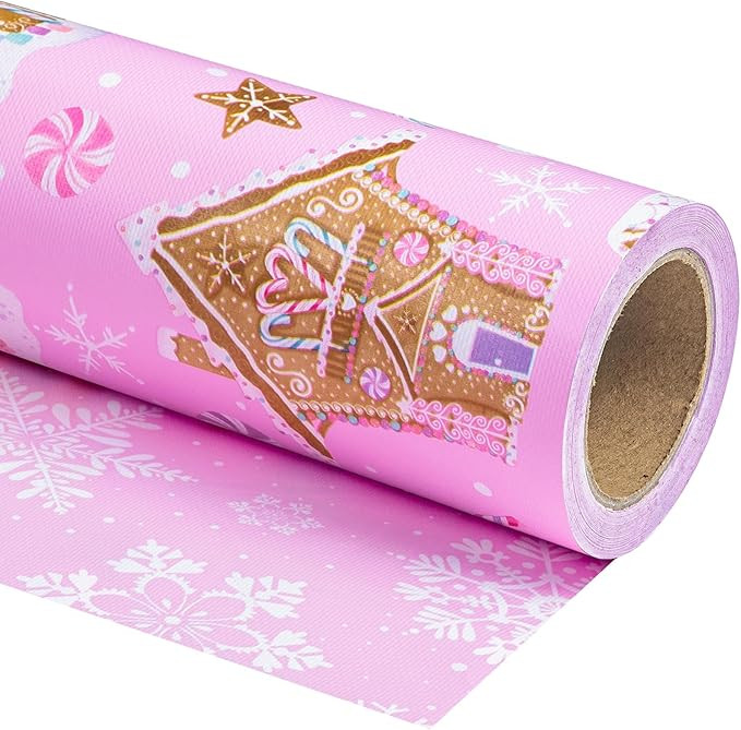 WRAPAHOLIC Reversible Gingerbread Christmas Wrapping Paper - Mini Roll - 17 Inch x 33 Feet - Pink... | Amazon (US)