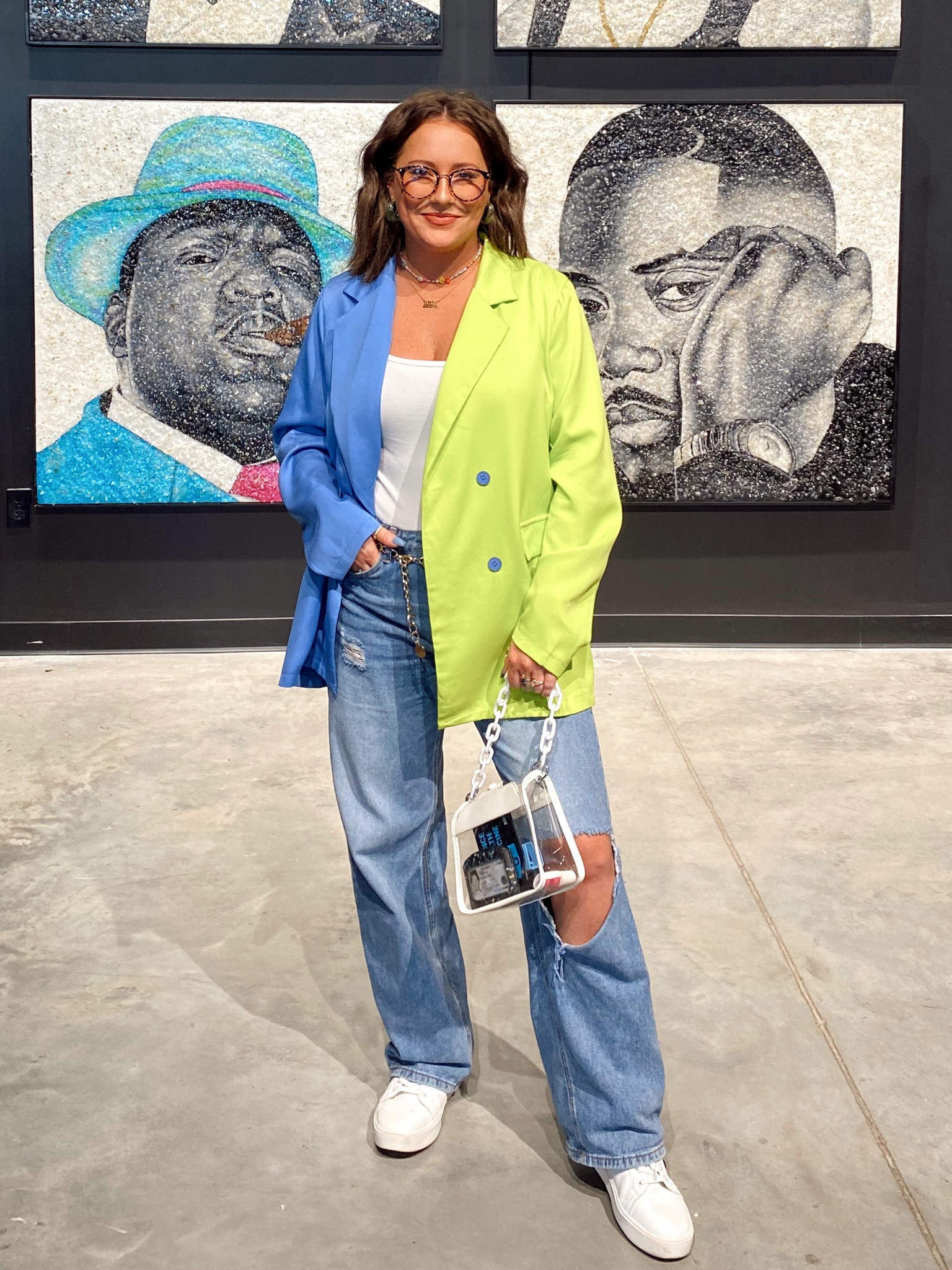 Two toned blazer, ripped jeans, bodysuit, white shoes, art fair festival, blue light glasses 

#LTKSeasonal