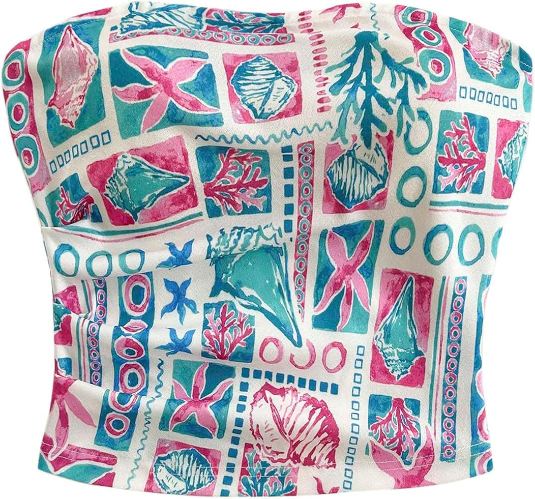 SOLY HUX Women's Summer Bandeau Tube Tops Boho Printed Strapless Fitted Crop Vest Shirts | Amazon (US)