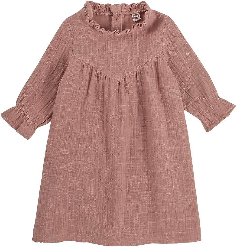 Toddler Cotton Linen Dress Girls Long Sleeve Solid Casual Vintage Ruffle Shirt Dress Kids Fall Winte | Amazon (US)