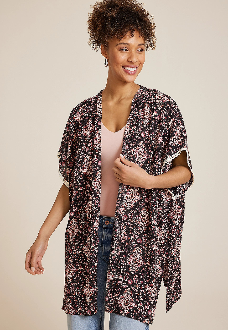Printed Lace Trim Kimono | Maurices