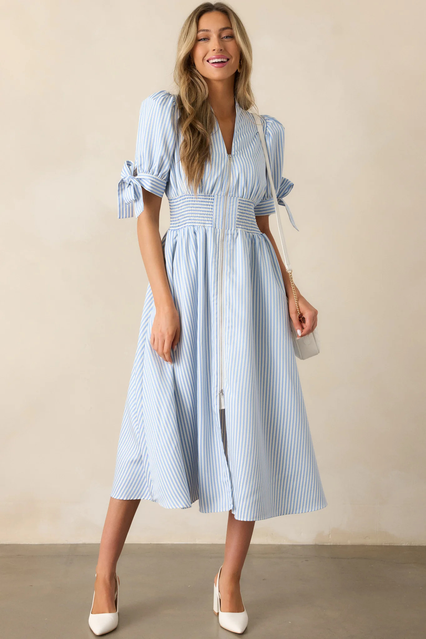 Afternoon Tea Sky Blue Stripe Zip Front Midi Dress | Red Dress
