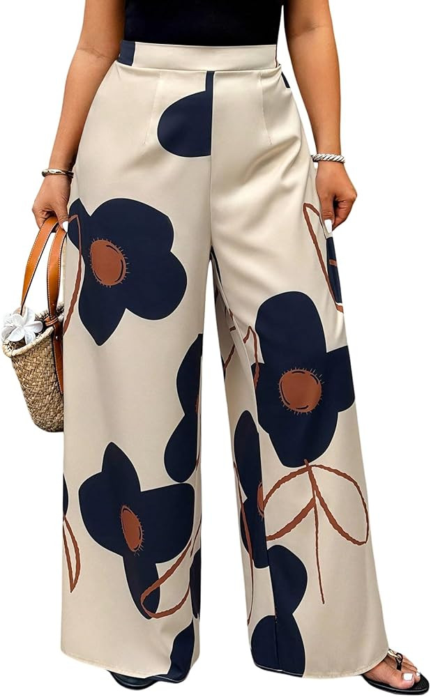 Floerns Women's Plus Size Floral Wide Leg Palazzo Pants Elastic High Waist Trousers | Amazon (US)